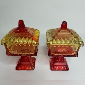 Vintage Jeanette Glass Wedding Box Lidded Amber Candy Dish Set of 2